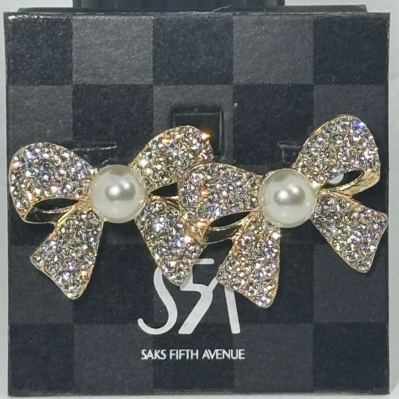 Saks Fifth Ave Gold Tone Crystal Bow with Faux Pearl Post - Picture 5 of 7